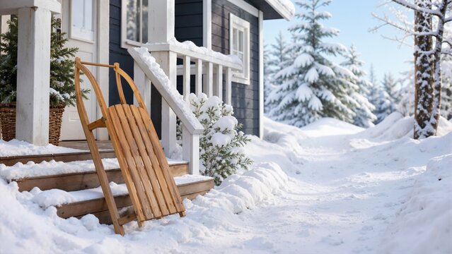 Wooden sled leaning against a cottage porch in deep snow. Winter landscape with a snowy path and evergreen trees
