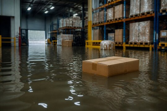 Cardboard box floating amid waterlogged warehouse interior
