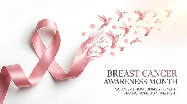 Pink ribbon symbolizing breast cancer awareness month with flying hummingbirds and petals