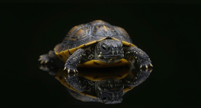 Closeup of a Painted Turtle Reflecting on a Dark Surface