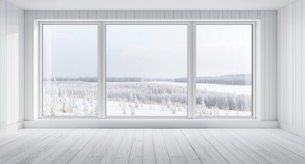 Fototapeta premium Modern Interior with Large Windows Overlooking Snowy Landscape in Winter Light