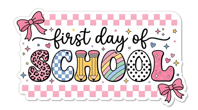  First Day of School Sticker Patterned Letters Checkered Border