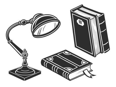 Four vintage library elements hardcover book, reading lamp, bookmark, and magnifying glass. Solid black vector silhouettes on white, elegant four-object arrangement, consistent visual weight, clean ne