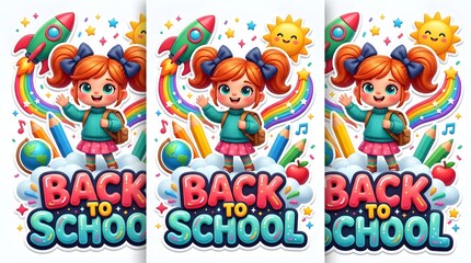 Fototapeta premium Cartoon Schoolgirl Waving with Rainbow Rocket Back to School Illustration