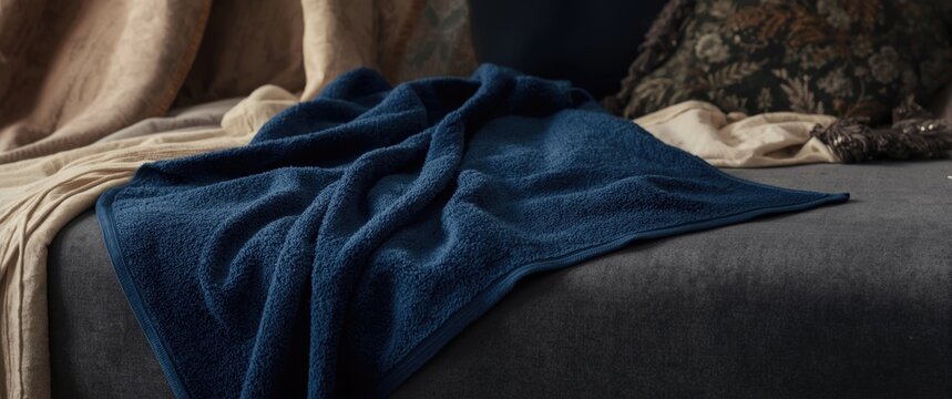 Soft Dark Blue Blanket Draped on a Sofa with Cozy Textiles