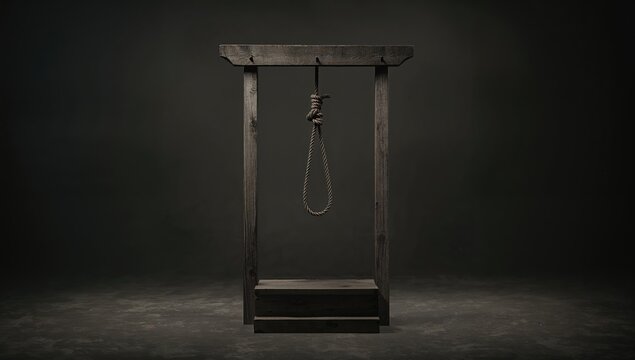 Wooden Gallows with Noose in Dark Background