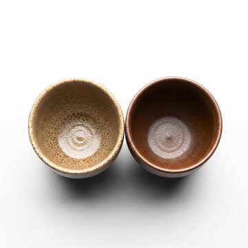 Handmade ceramic tea cups with textured glaze on white background