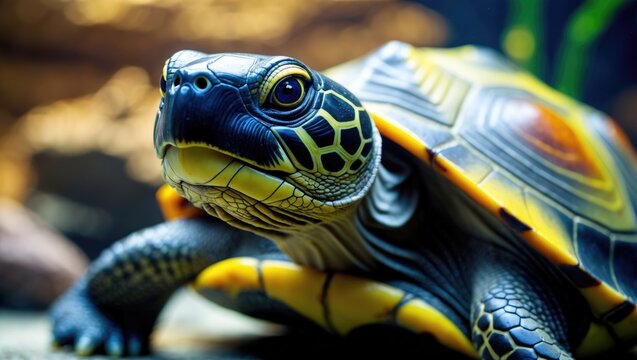 Colored Turtle Closeup in an Aquarium with Soft Lighting