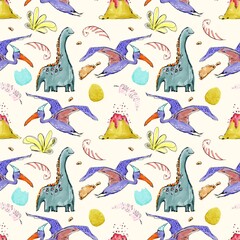 Colorful Dinosaurs, Pterodactyls, Volcanoes and Eggs Seamless Prehistoric Pattern © Svitlana