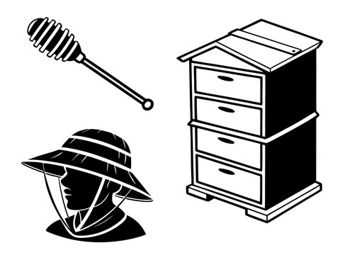 Four beekeeping objects beehive box, honey dipper, protective beekeeper hat, and honey jar. Minimal black vector silhouettes on a pure white background, clean composition, equal spacing, smooth 