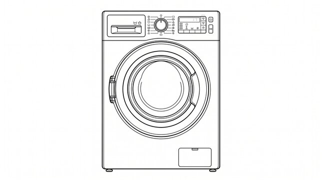 Washing machine line drawing. Modern laundry appliance icon for home interior design.