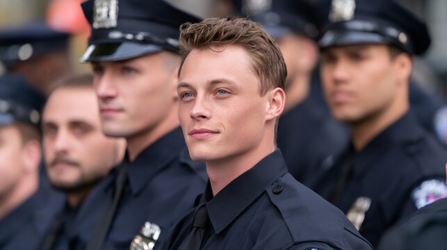Young police officer standing proudly in uniform at parade
