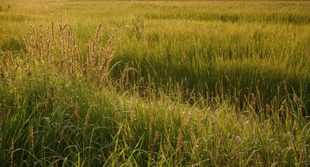 Fototapeta premium Golden Rice Fields with Tall Grass Under Soft Evening Light