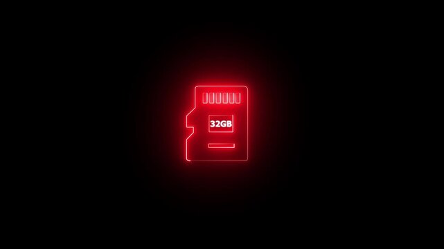 Neon glowing cyan color 32 GB SD card icon on black background animation. 4k video Sim Card neon sign appear icon center. Animated neon icon.4k motion video