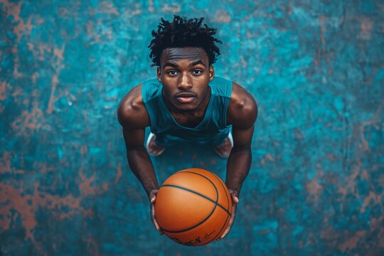 Basketball player holding ball looking up at camera