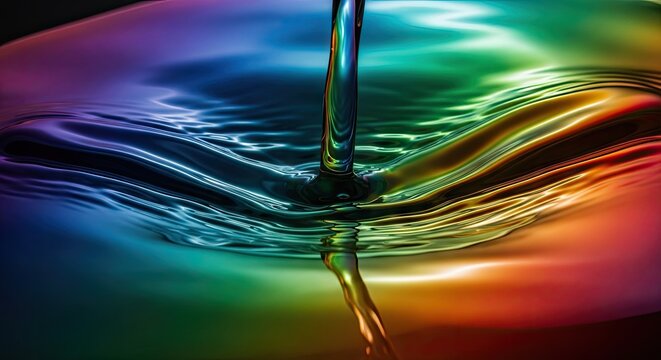 Iridescent water ripples with colorful splashing liquid drop.