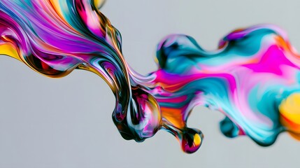 Obraz premium Vibrant swirling liquid colors flow dynamically against a soft gray background creating an abstract and fluid visual effect