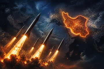Obraz premium Multiple missiles launching toward mapped target over globe