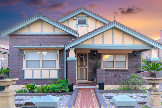 Suburban residential Brick house Terracotta Roof at Sunset in Sydney NSW Australia