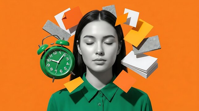 Stressed young woman with mental load and alarm clock concept overwhelmed pressure psychology deadlines exhaustion