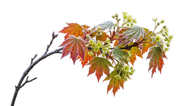 Spring maple branch with young orange leaves and yellow flowers, blooming maple tree twig, seasonal nature botanical element isolated PNG with Transparent Background