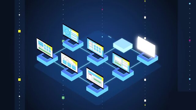 Isometric Computer Network Cloud Data Transfer 2D Animation Motion Graphics