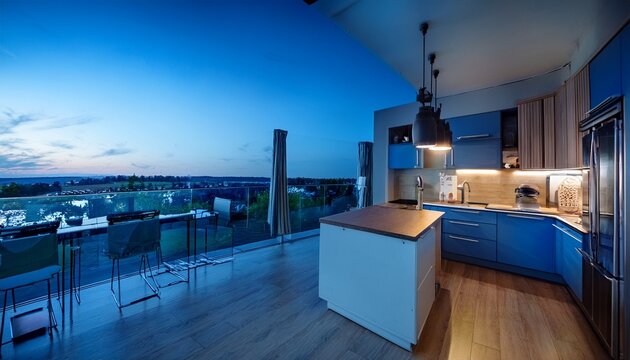 kitchen in one point perspective during blue hour