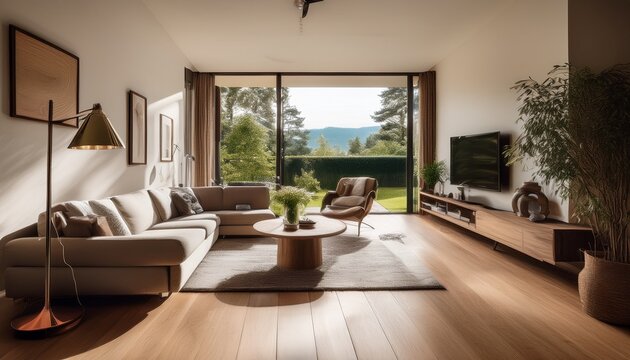 serene living room captured in one point perspective