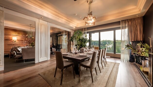 wide establishing shot of an elegant dining room