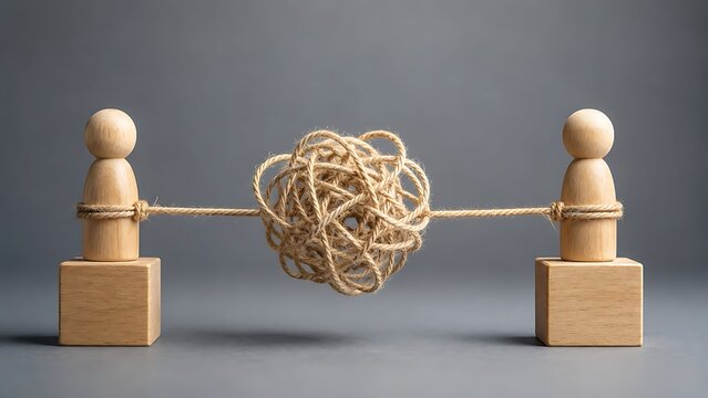 Complex Business Problem Solving And Conflict Concept With Tangled Rope Between Wooden Figures