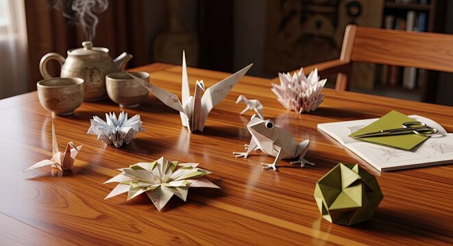 Collection of white and green origami paper animals on table.
