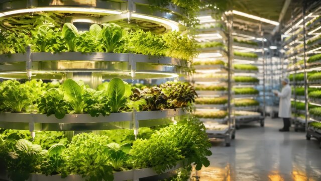 An indoor farm utilizes innovative vertical growing systems to cultivate a vibrant array of fresh green lettuce and aromatic herbs