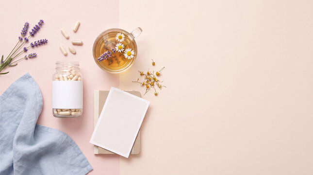 Women&rsquo;s health wellness flat lay with botanical supplements, herbal tea, and reproductive or menopause care concept for fertility and balance.