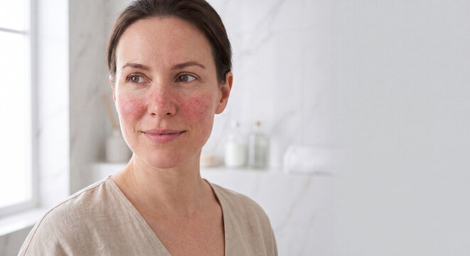 Woman with rosacea on her cheeks, natural skin texture. For skincare, dermatology, beauty, and beauty awareness.
