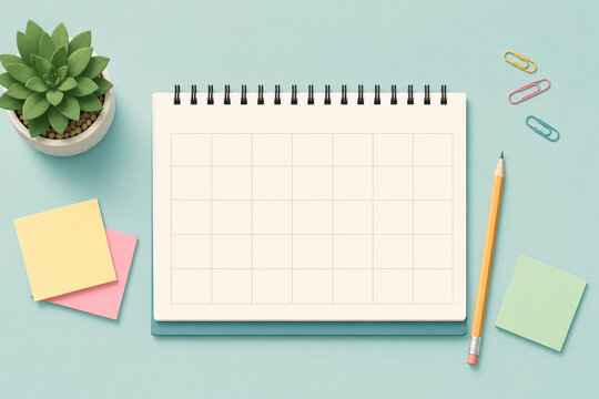 Flat lay blank calendar with sticky notes and pencil