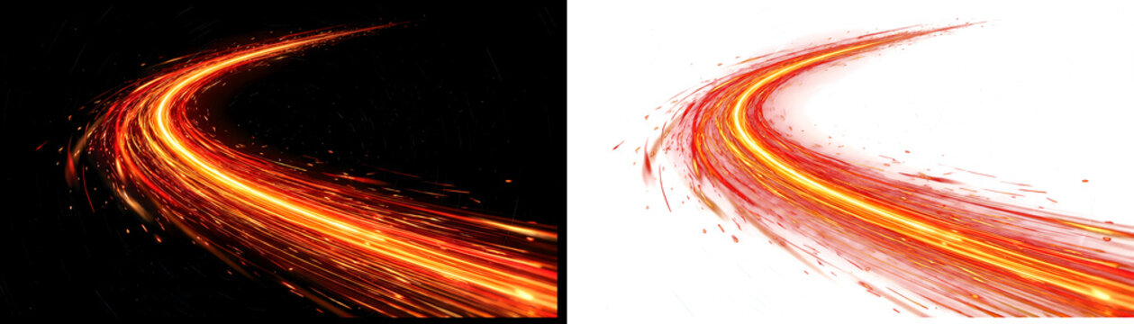 Glowing Speed Trail Set. Curved Motion Blur streaks. Fiery light effect isolated on transparent and black background. Dynamic energy stream for graphic design overlays.