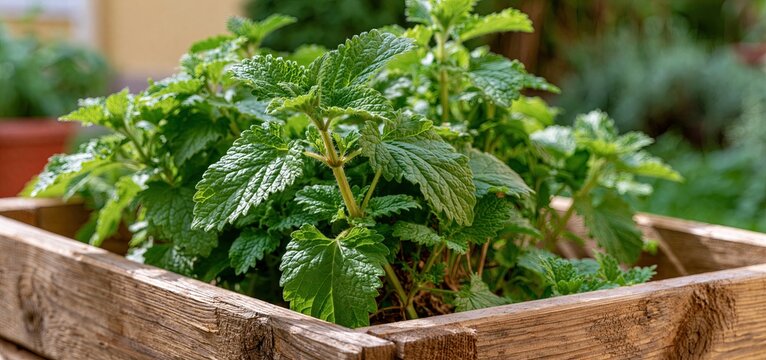 A vibrant catnip plant arranged in a rustic wooden box, capturing a sunny garden&rsquo;s natural charm and health benefits.