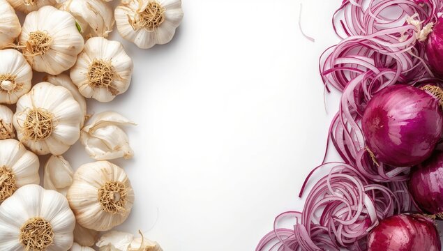Garlic and Red Onions Arranged on a White Background with Negative Space