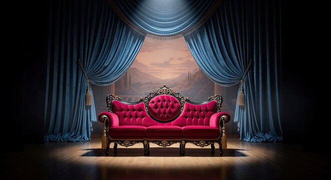Red velvet vintage sofa on stage with blue curtains.