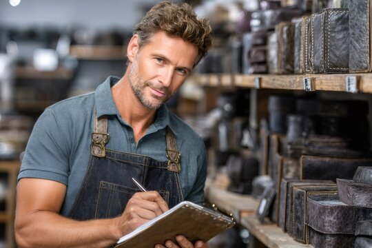 Artisan craftsman checking inventory in workshop