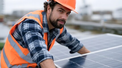 Fototapeta premium A man wearing an orange hard hat and safety vest leans over a solar panel on a rooftop under cloudy skies