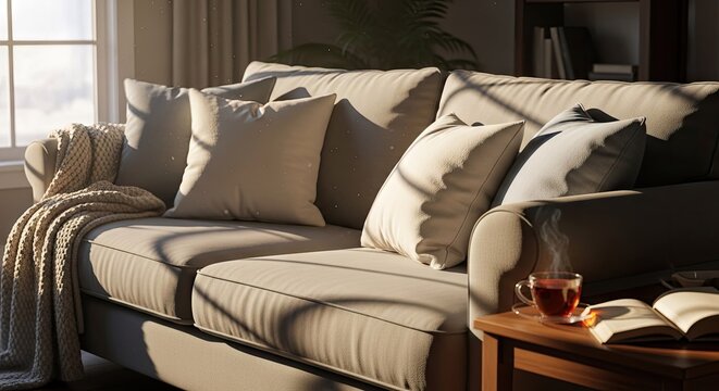 Modern neutral living room interior with sunlight and sofa