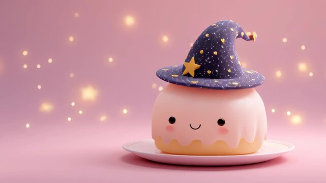Cute Dessert Witch Hat Pink Background Halloween Magic Smiling Pastry Treat