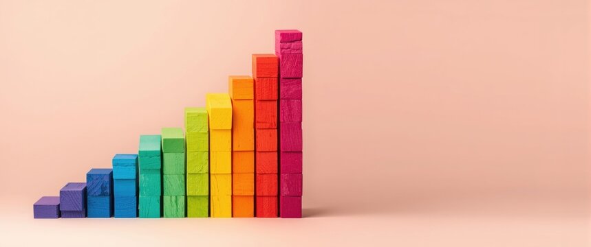 Colorful Wooden Blocks Arranged in an Ascending Bar Chart on a Soft Background