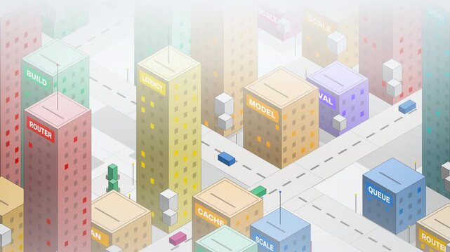 Isometric AI workflow city organizes training, testing, datasets and deployment into a calm pastel system, suited to business explainers, presentations and tech marketing.