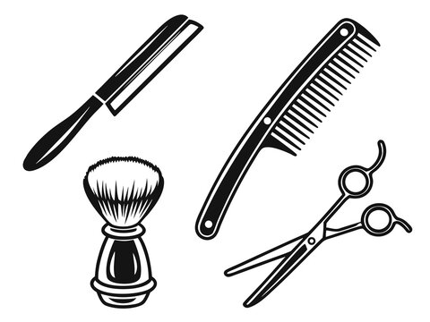 Four classic barber tools straight razor, shaving brush, comb, and barber scissors. Bold black vector silhouettes on a white background, evenly distributed in a clean four-item layout, consistent prop