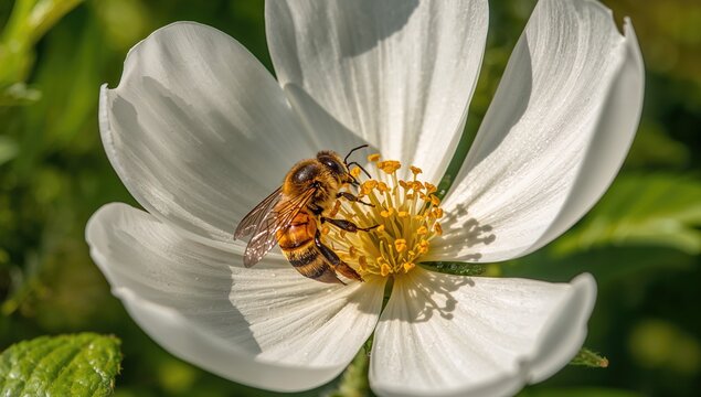 Honeybee Pollinating a White Flower in Bright Daylight