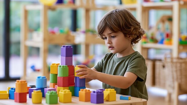 Child builds with colorful blocks in playroom during afternoon