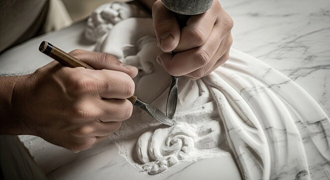 Sculptor hands using chisel to carve white marble statue.