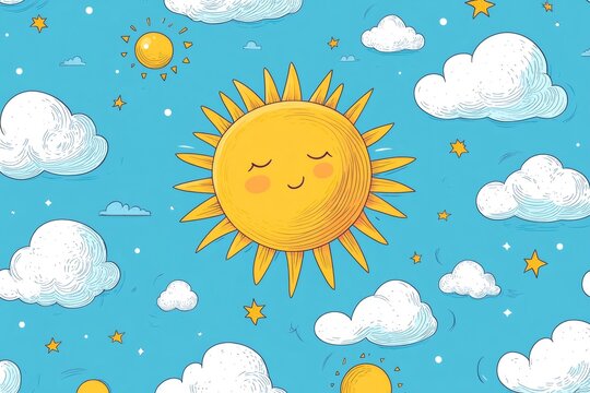 Smiling sun cartoon seamless pattern with clouds